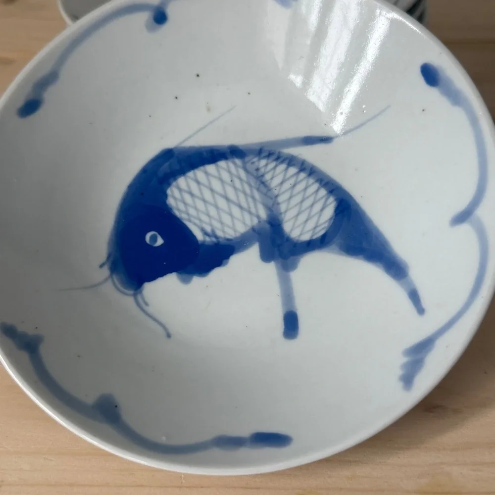 Vintage Chinese Porcelain Blue Fish Bowl & Plate Set of 4 Made in China